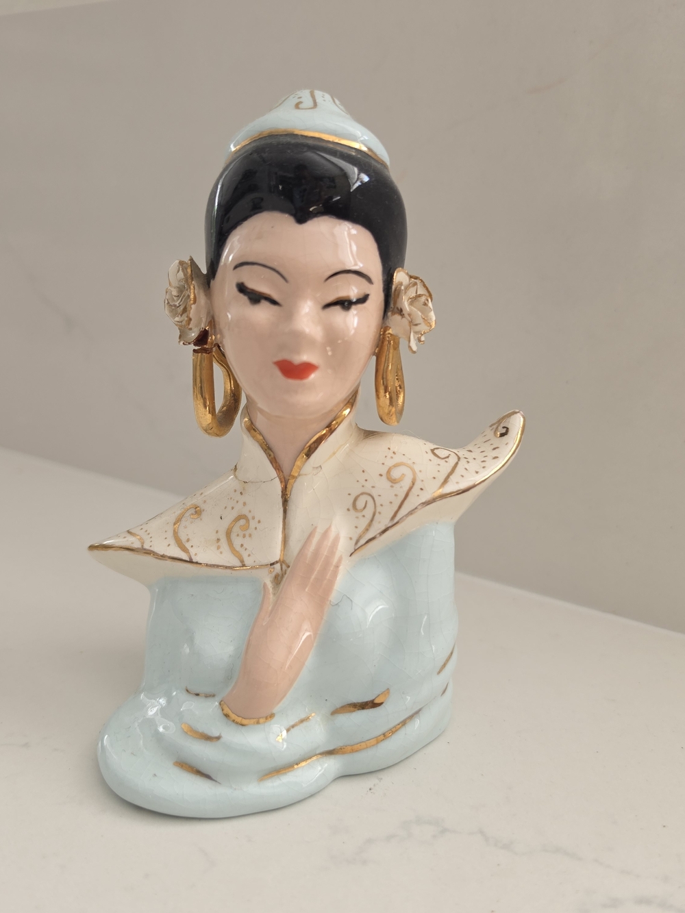 1940s Asian Porcelain Bust  Decorative Woman Figurine in Light Blue and Gold